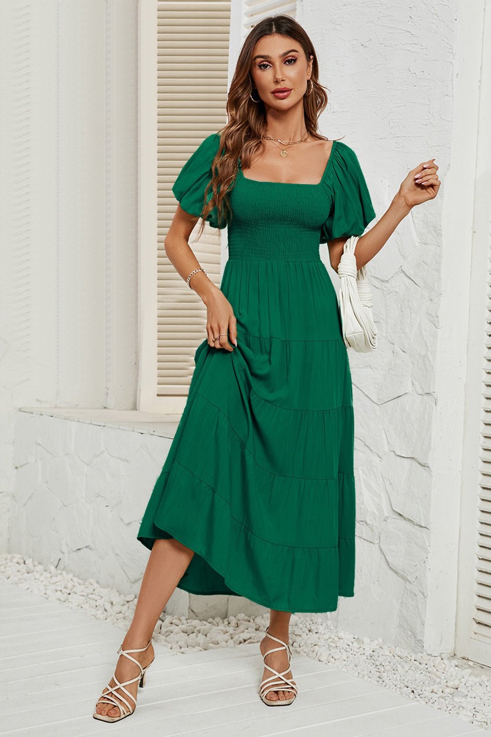Smocked Square Neck Puff Sleeve Dress - AllIn Computer