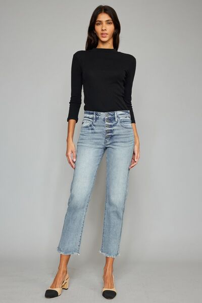 Kancan High Waist Button Fly Raw Hem Cropped Straight Jeans - AllIn Computer