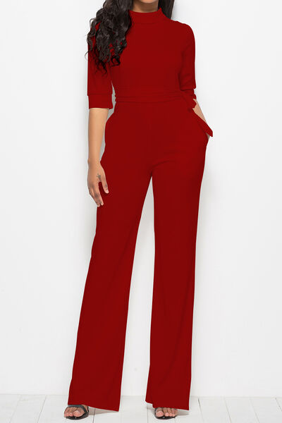Mock Neck Tie-Waist Half Sleeve Jumpsuit - AllIn Computer