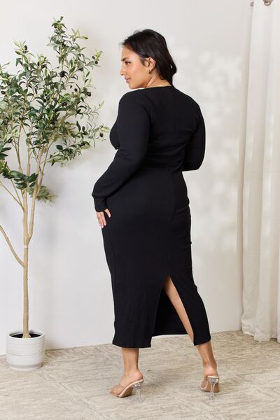 Culture Code Full Size Ribbed Long Sleeve Midi Slit Dress - AllIn Computer