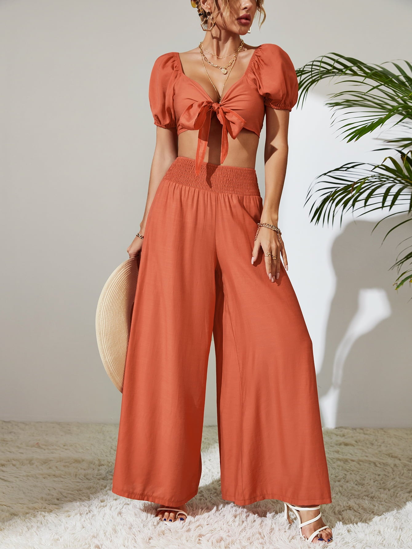 Tie Front Cropped Top and Smocked Wide Leg Pants Set - AllIn Computer