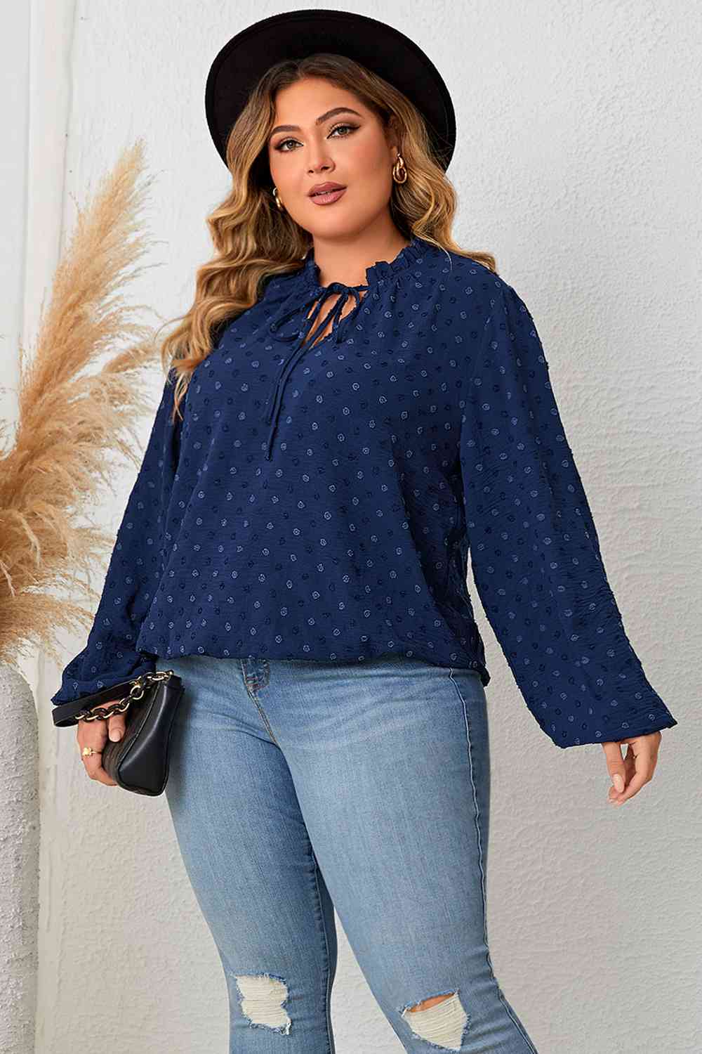 Plus Size Tie Neck Balloon Sleeve Blouse - AllIn Computer