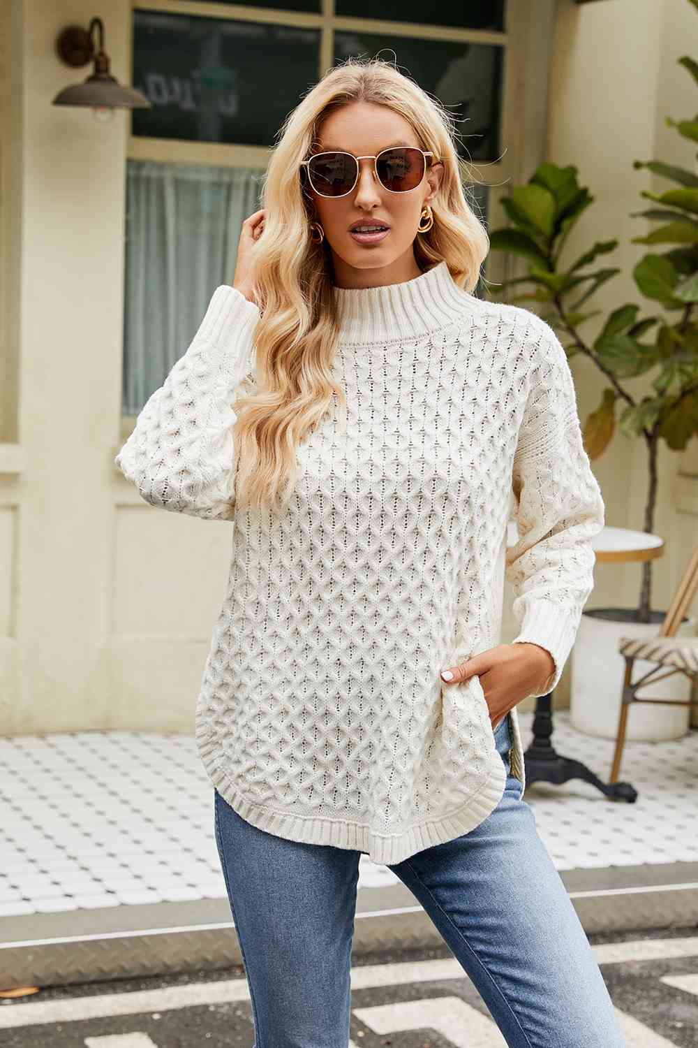 Slit Long Sleeve Mock Neck Sweater - AllIn Computer