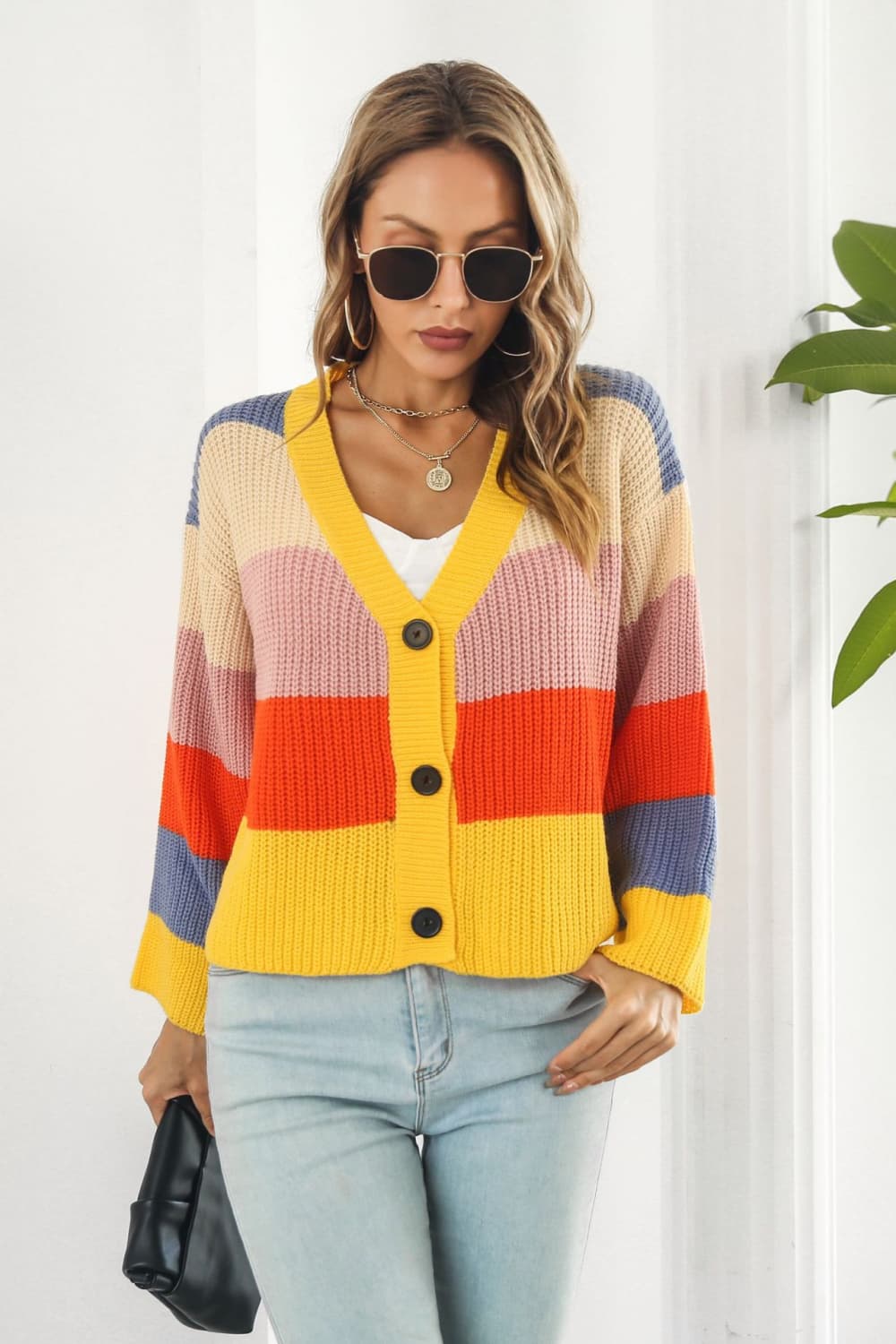 Color Block Button-Down Dropped Shoulder Cardigan - AllIn Computer