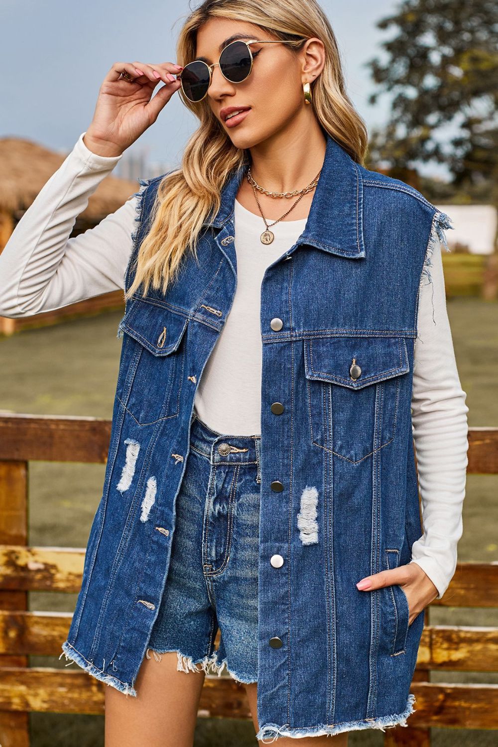 Sleeveless Button-Up Collared Denim Top with Pockets - AllIn Computer