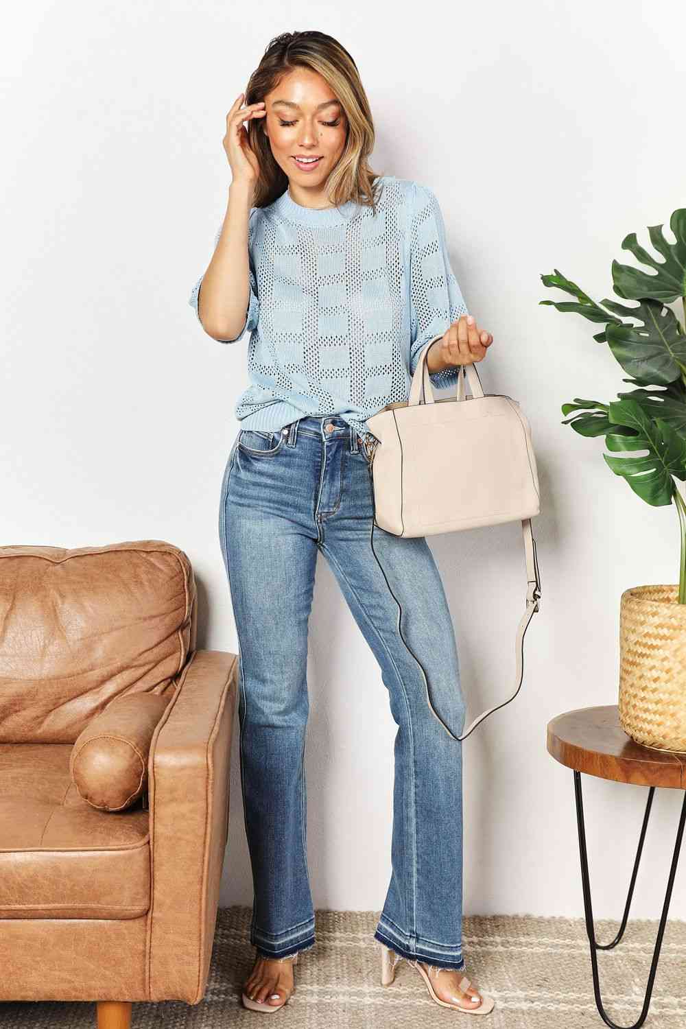 Double Take Ribbed Trim Round Neck Knit Top - AllIn Computer