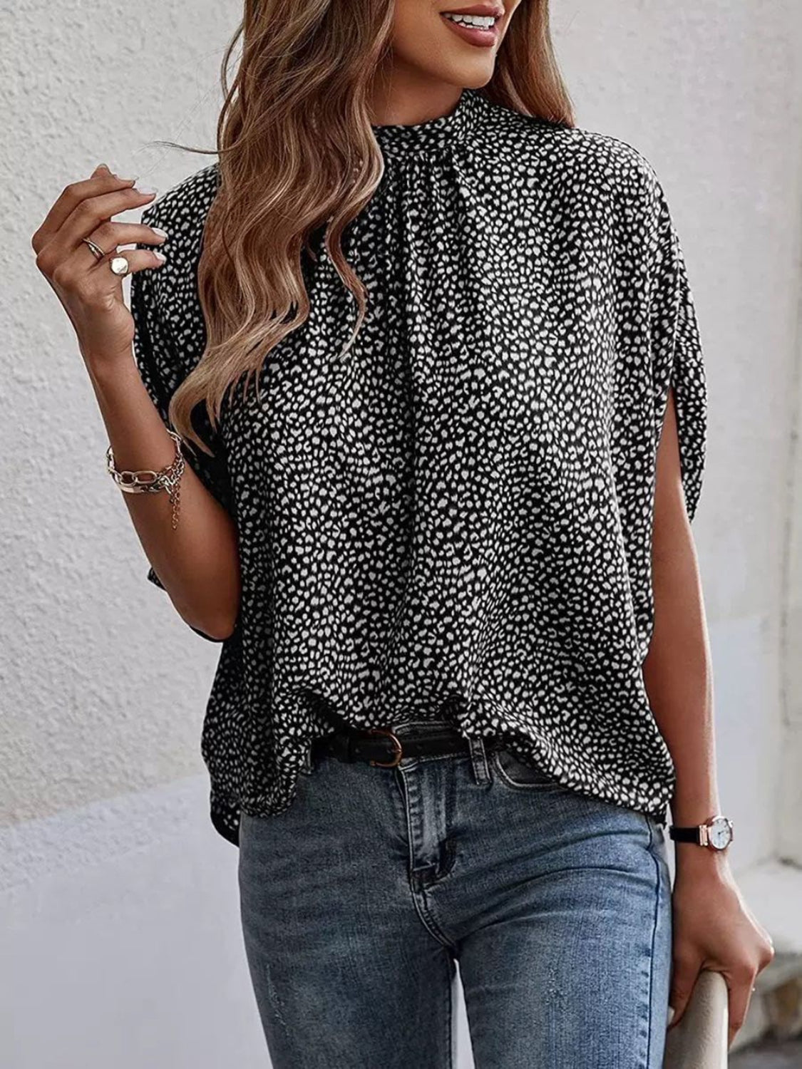 Tied Printed Mock Neck Half Sleeve Blouse - AllIn Computer