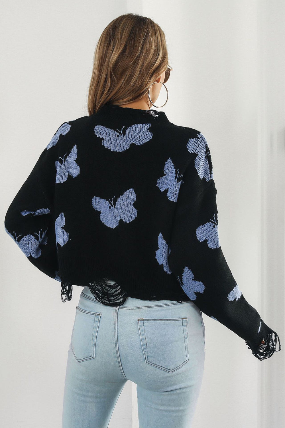 Printed Round Neck Ribbed Long Sleeve Sweater - AllIn Computer