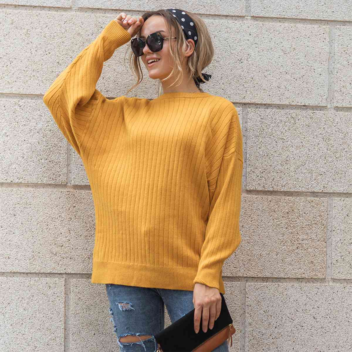 Round Neck Dropped Shoulder Sweater - AllIn Computer