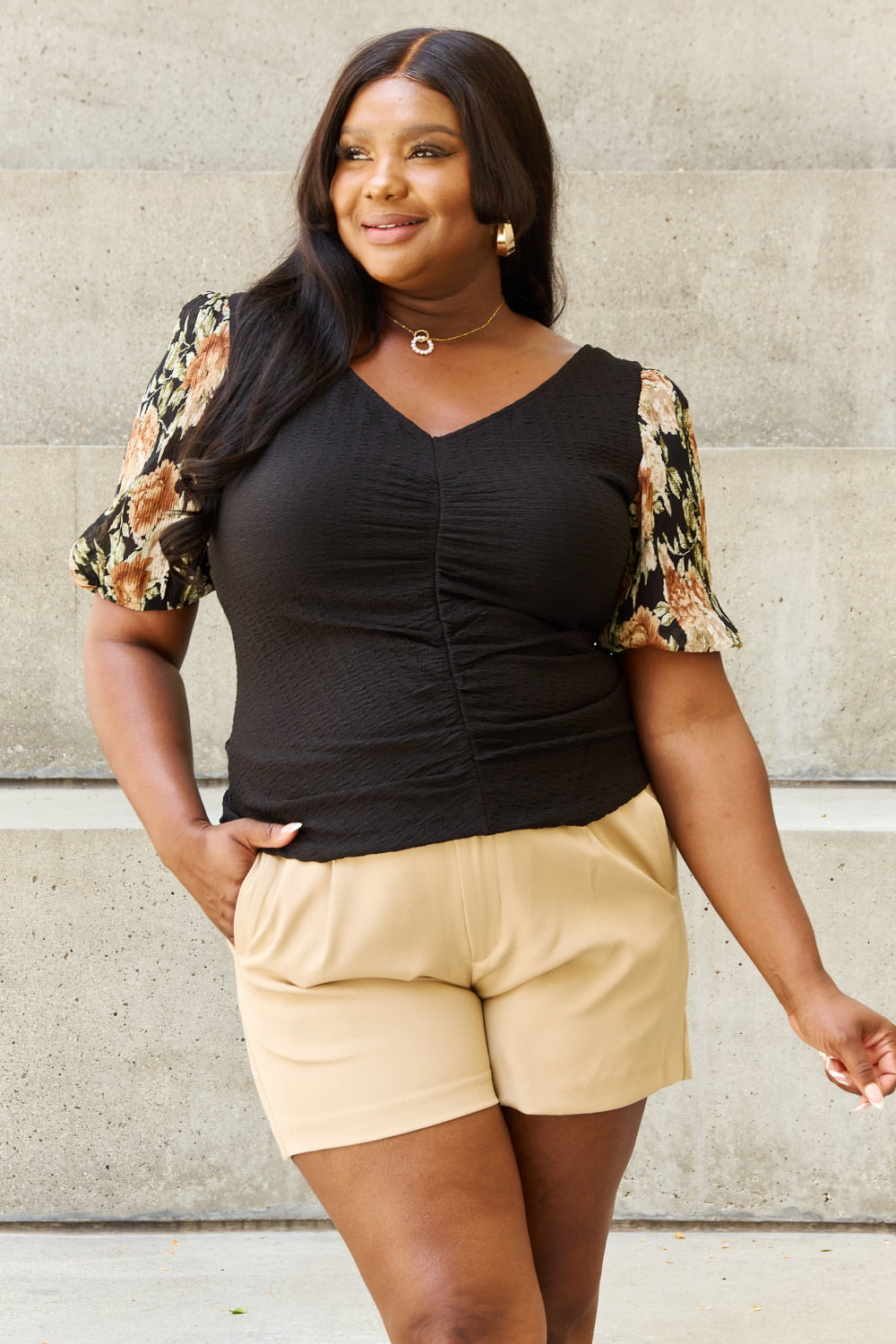 And The Why Hold Me Close Full Size Floral Print Textured Sleeve Knit Top - AllIn Computer