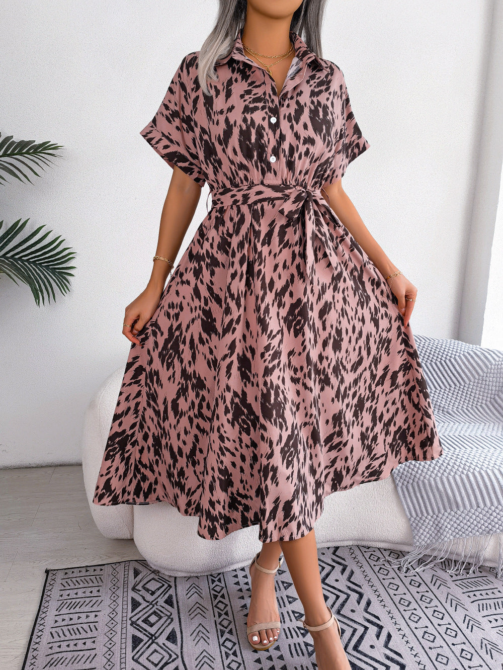 Printed Collared Neck Short Sleeve Tie Waist Dress - AllIn Computer