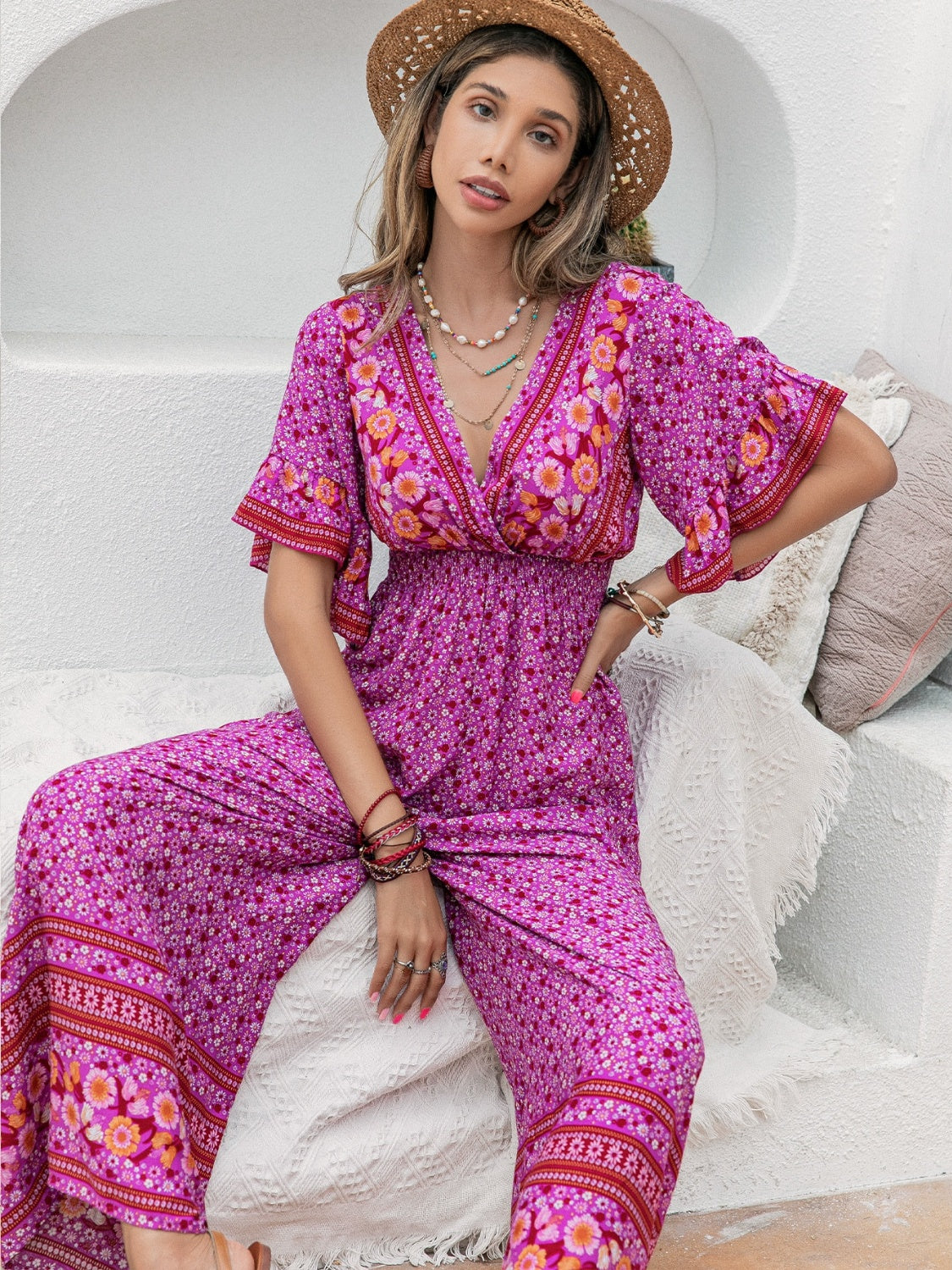 Floral Surplice Flutter Sleeve Jumpsuit - AllIn Computer