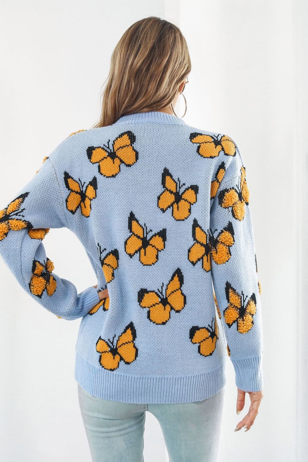 Butterfly Pattern Round Neck Dropped Shoulder Sweater - AllIn Computer