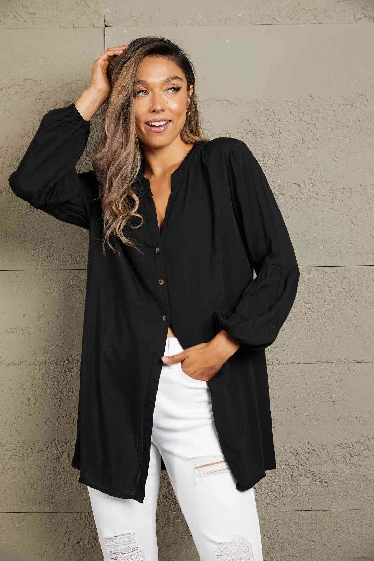 Double Take Notched Neck Balloon Sleeve Shirt - AllIn Computer