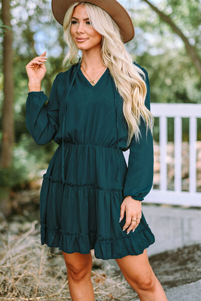 Frill Tie Neck Balloon Sleeve Dress - AllIn Computer