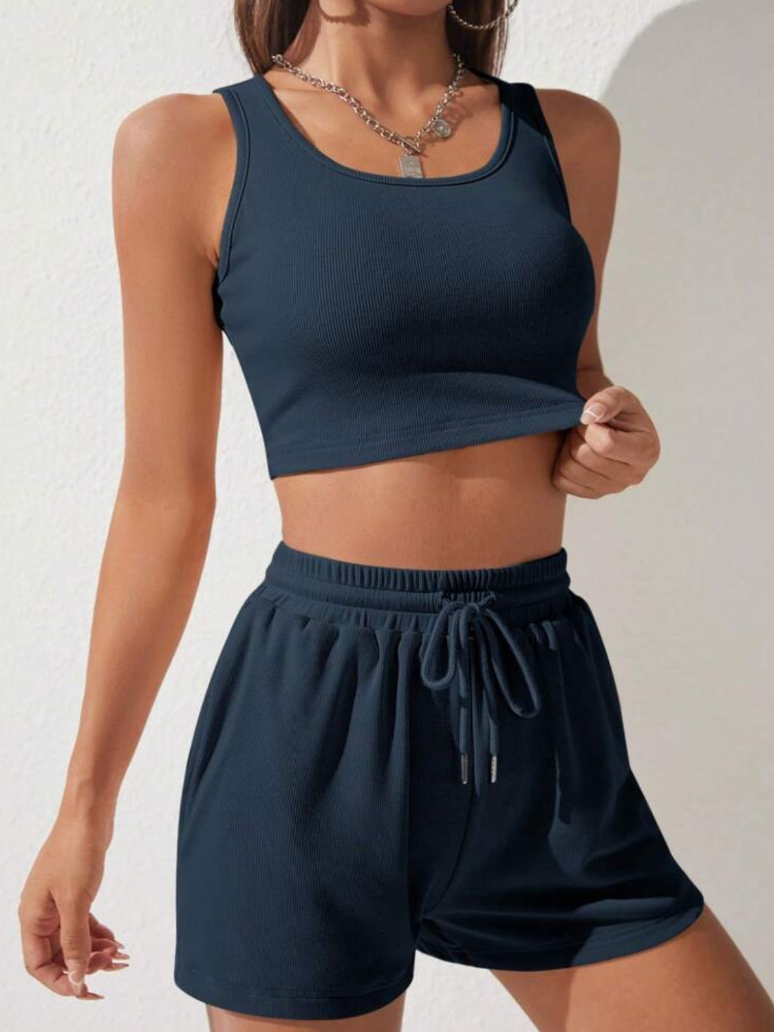 Scoop Neck Wide Strap Top and Drawstring Shorts Set - AllIn Computer