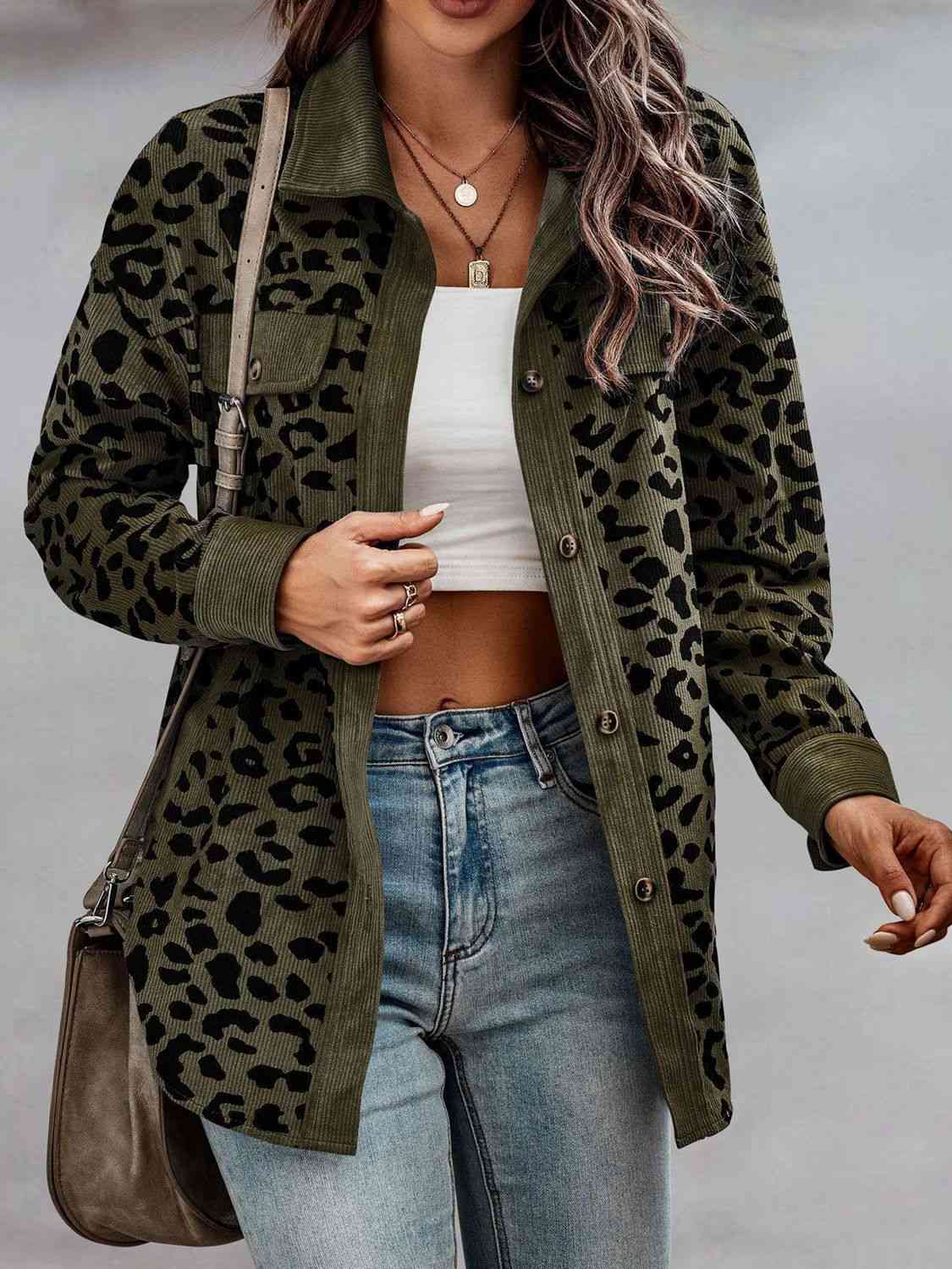 Full Size Leopard Buttoned Jacket - AllIn Computer