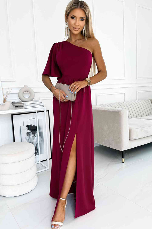 One shoulder Flutter sleeves Slit Dress - AllIn Computer