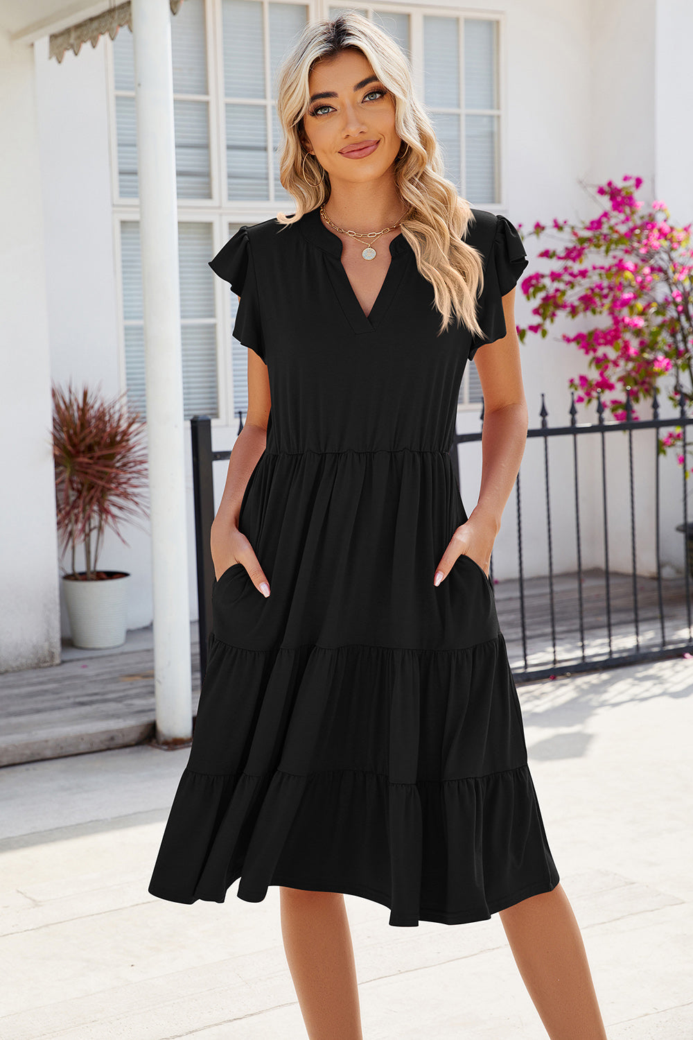 Ruched Notched Cap Sleeve Dress - AllIn Computer