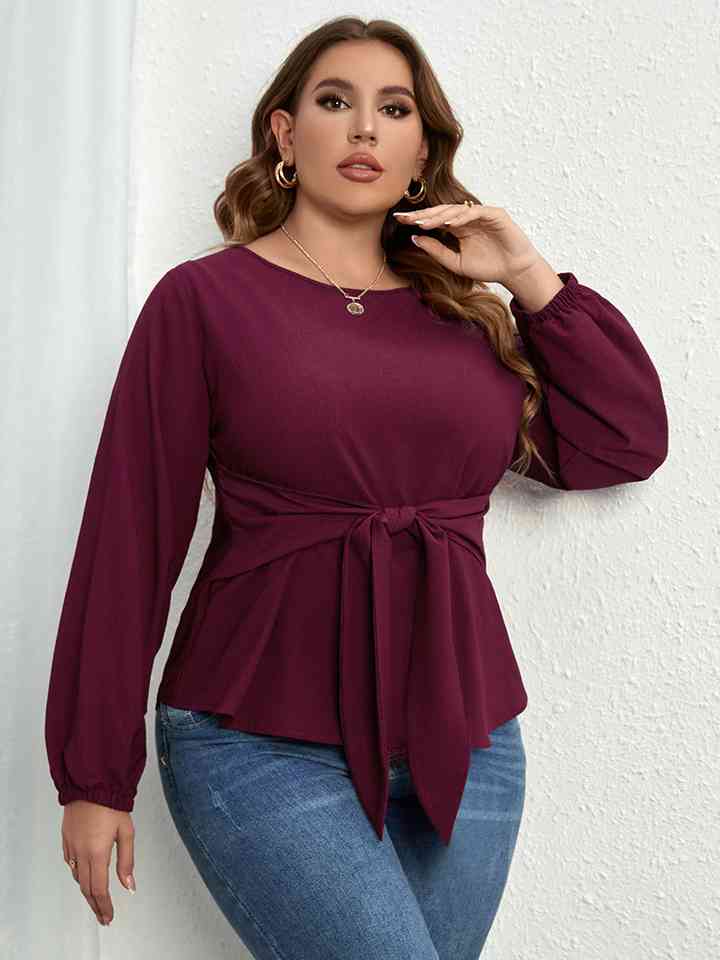 Plus Size Round Neck Tie Waist Long Sleeve Blouse - AllIn Computer