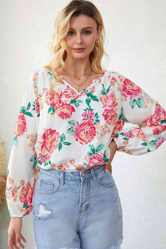 Double Take Floral Notched Neck Long Sleeve Blouse - AllIn Computer