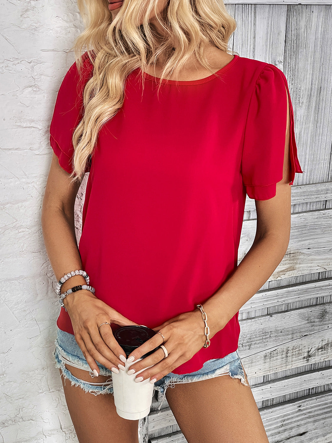 Round Neck Slit Short Sleeve Top - AllIn Computer