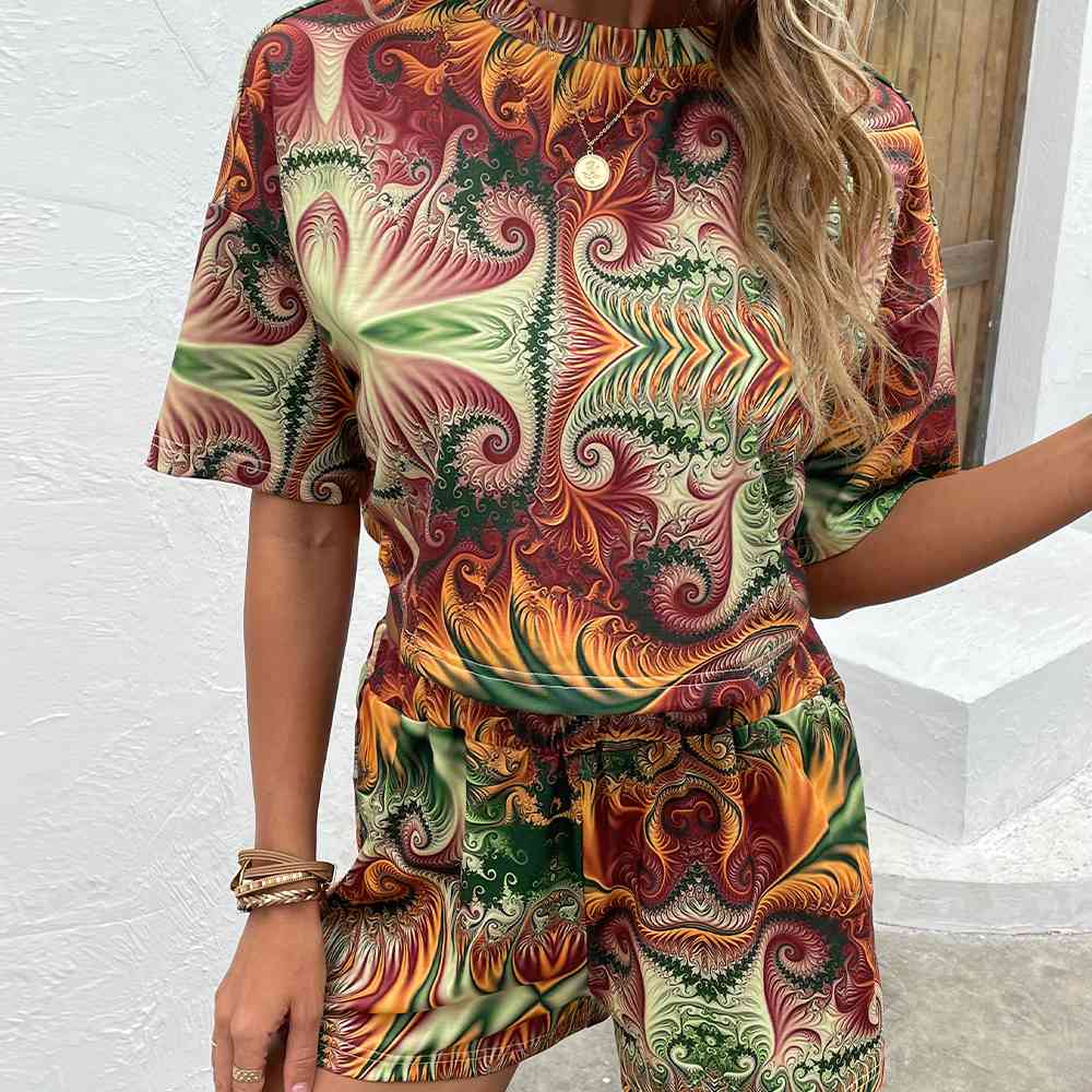 Printed Round Neck Dropped Shoulder Half Sleeve Top and Shorts Set - AllIn Computer