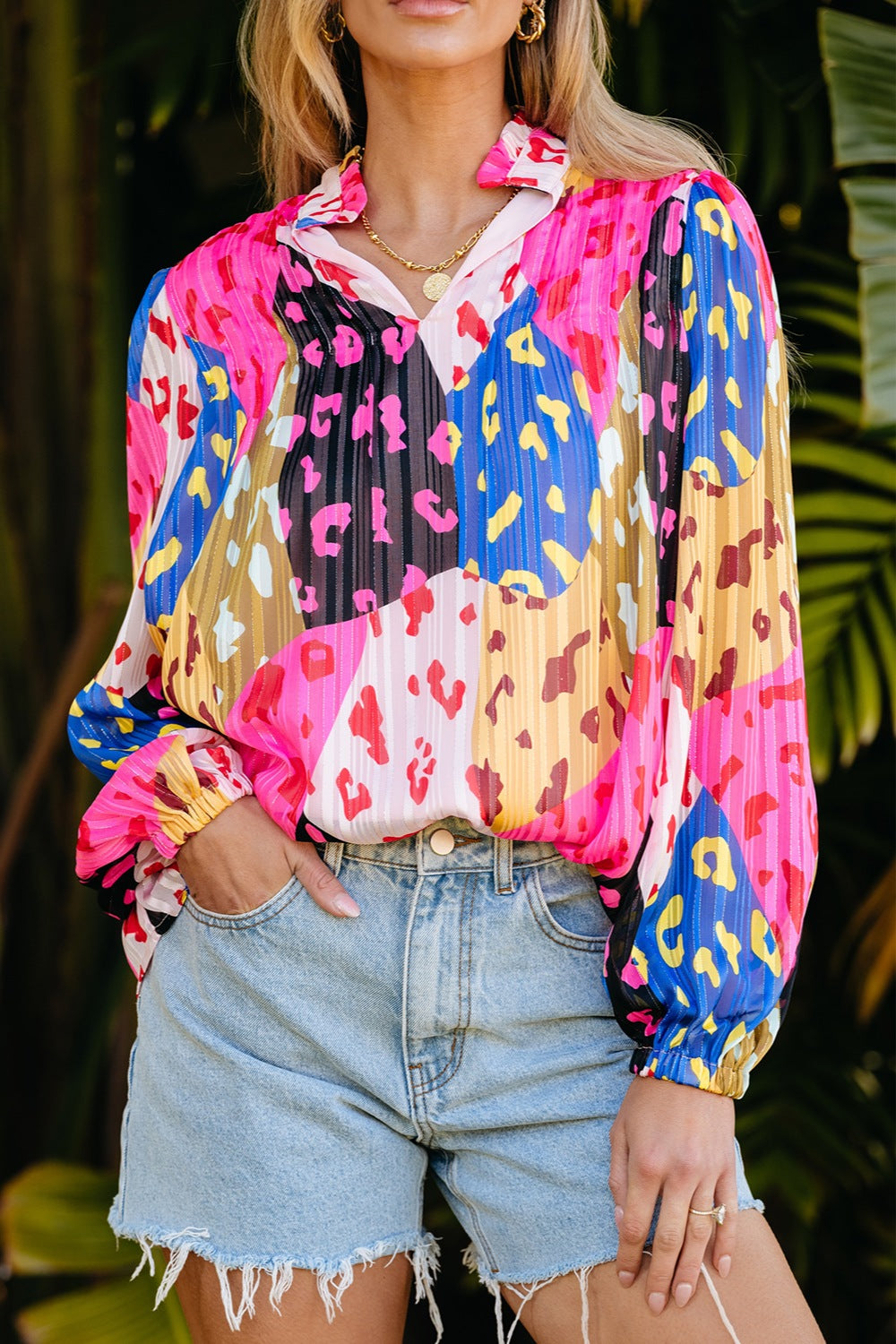 Printed Notched Long Sleeve Blouse - AllIn Computer