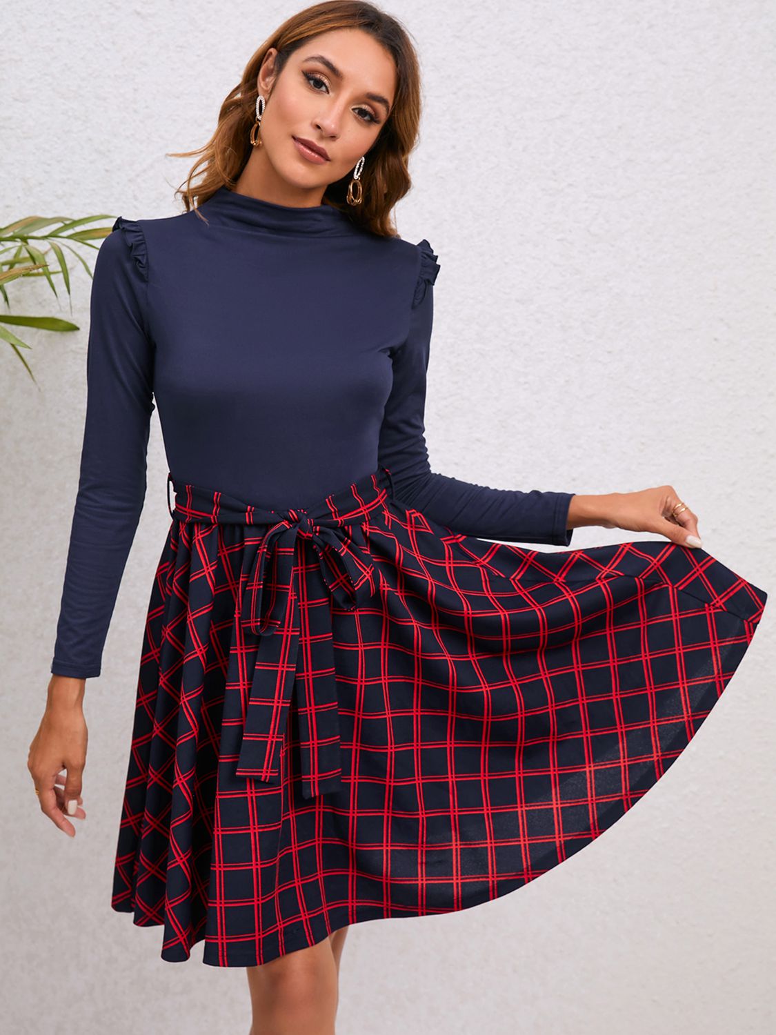 Plaid Tie Waist Ruffle Shoulder Dress - AllIn Computer