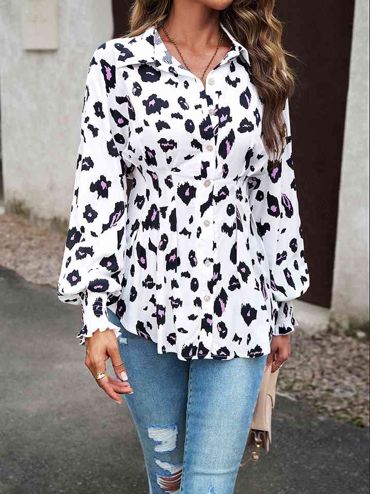 Printed Button-Up Lantern Sleeve Shirt - AllIn Computer