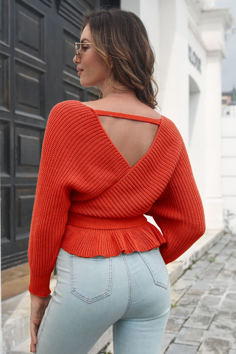Tie Waist Ruffle Hem Sweater - AllIn Computer