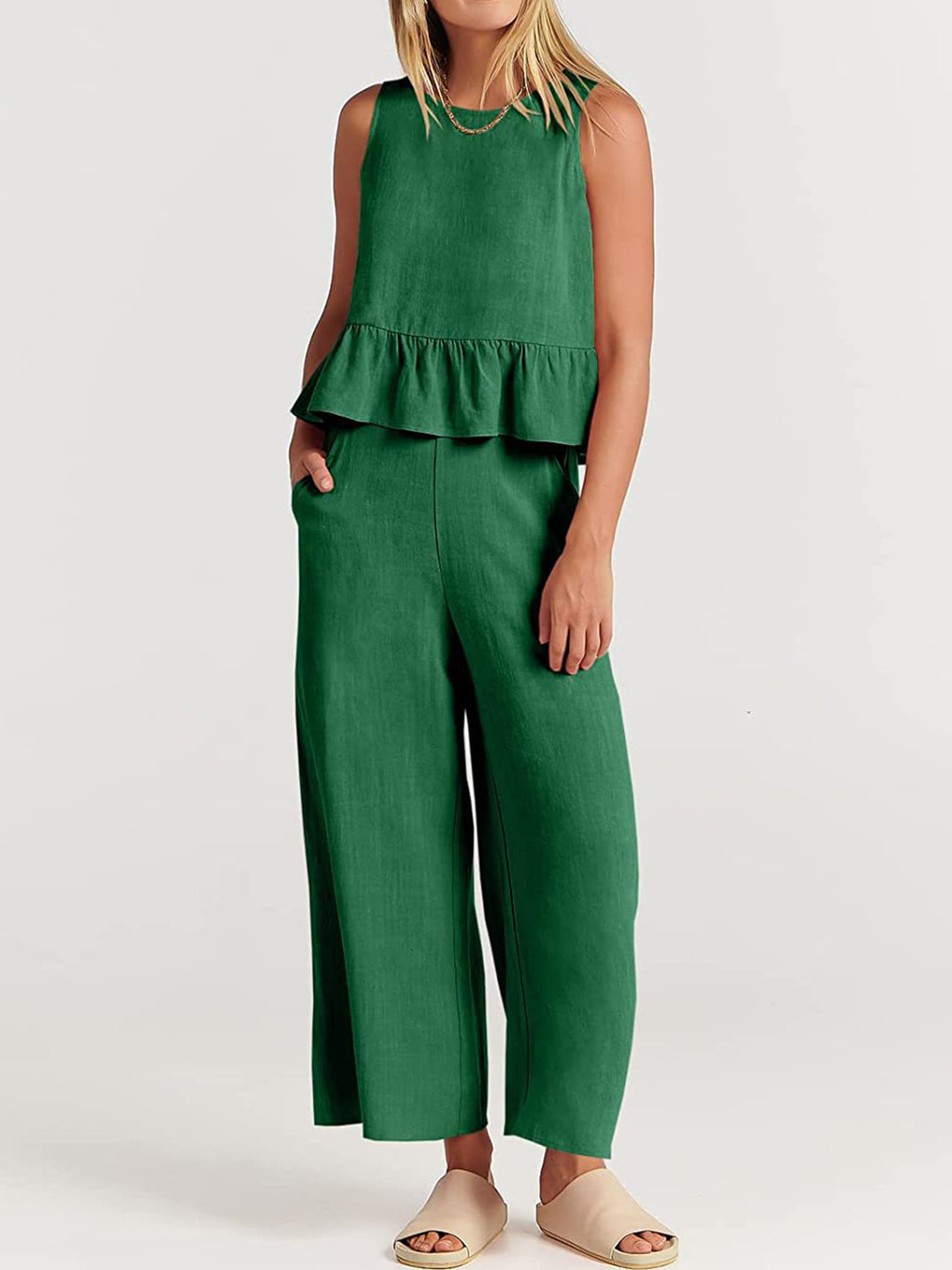 Full Size Round Neck Top and Wide Leg Pants Set - AllIn Computer