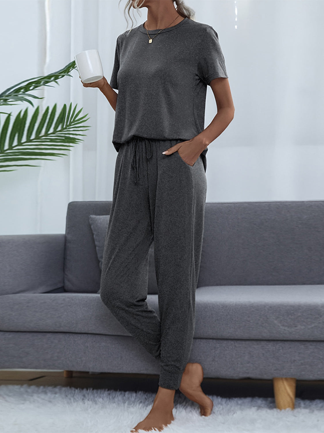 Round Neck Short Sleeve Top and Pants Set - AllIn Computer