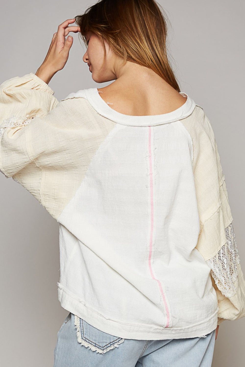POL Balloon Sleeve Crochet Patch Top - AllIn Computer