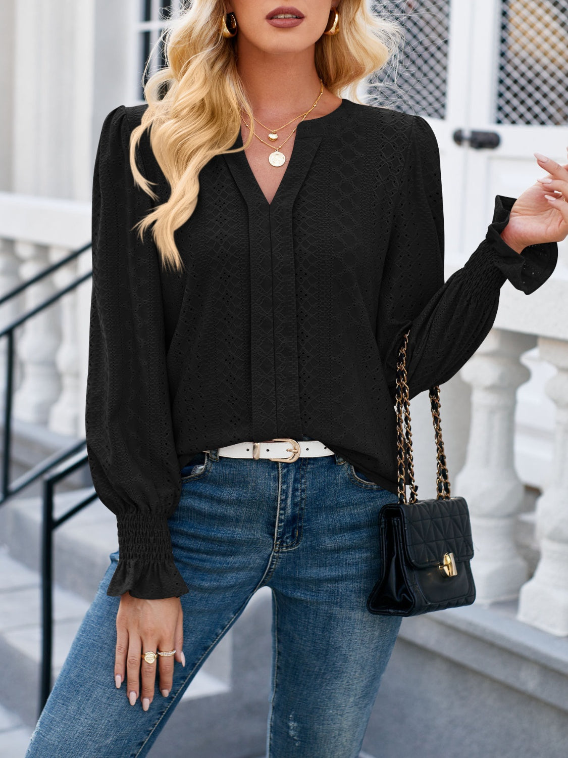 Eyelet Notched Flounce Sleeve Blouse - AllIn Computer