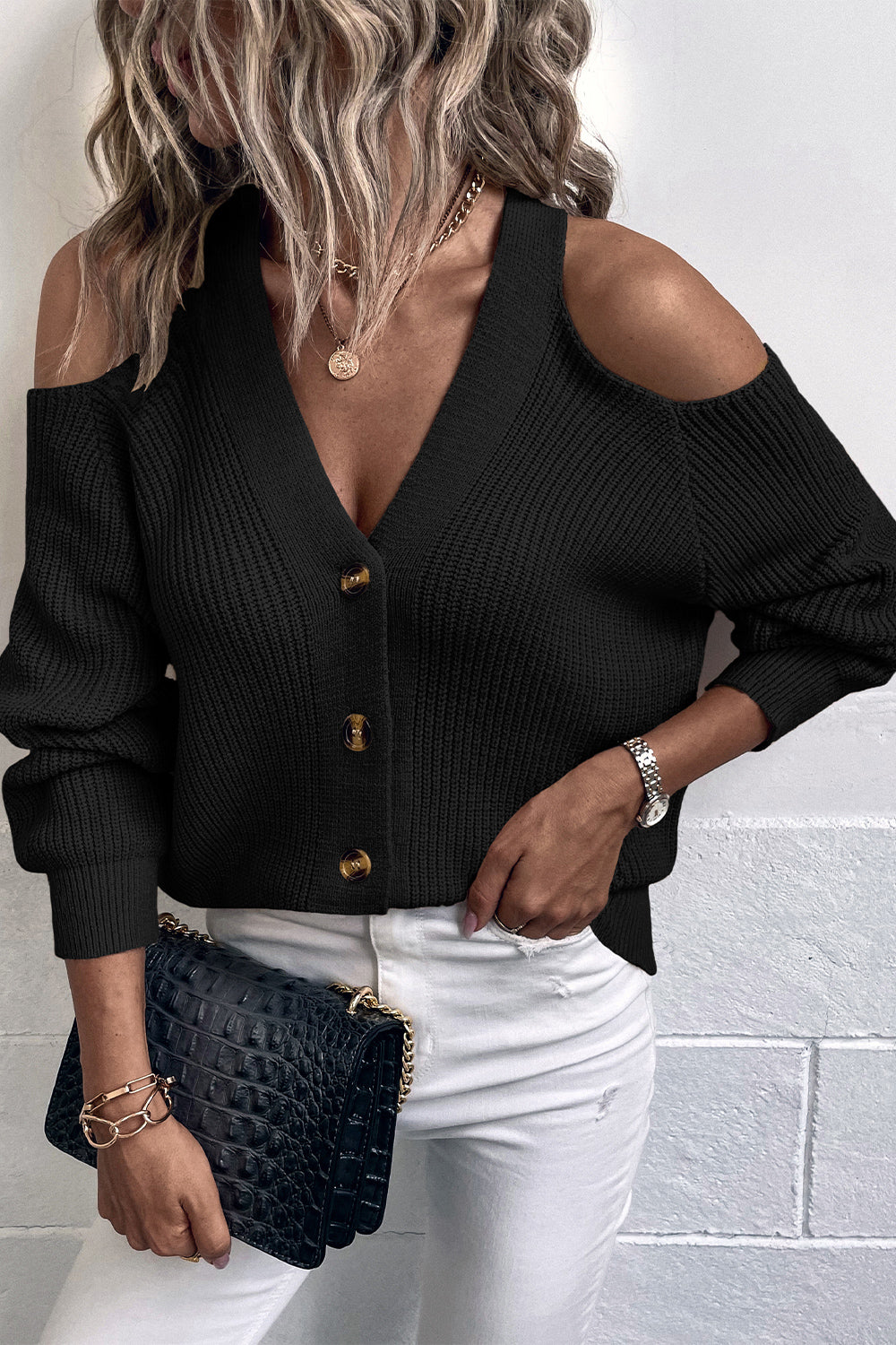 Cold Shoulder Plunge Neck Ribbed Cardigan - AllIn Computer