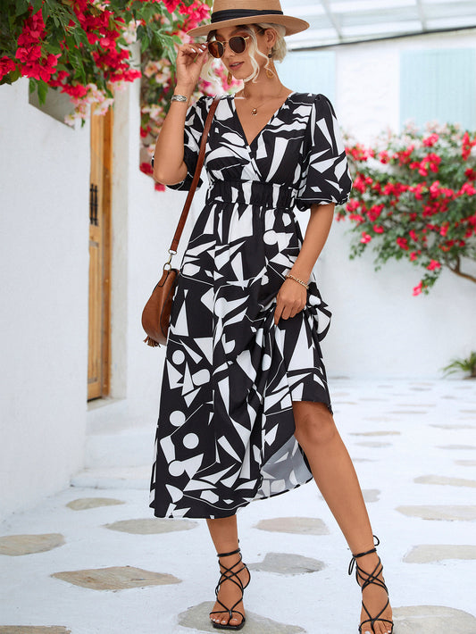 Printed Surplice Balloon Sleeve Dress - AllIn Computer