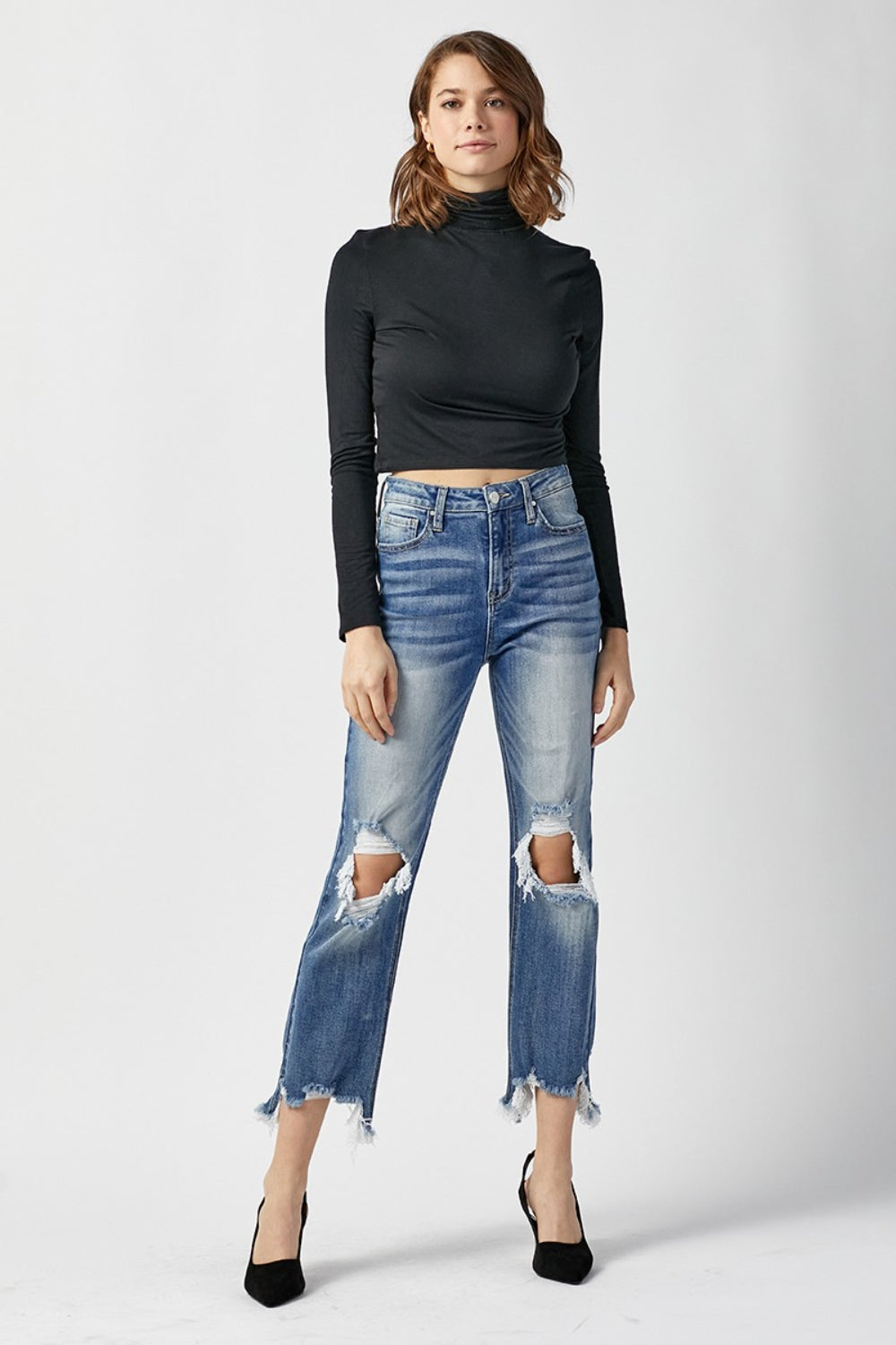 RISEN High Waist Distressed Frayed Hem Cropped Straight Jeans - AllIn Computer