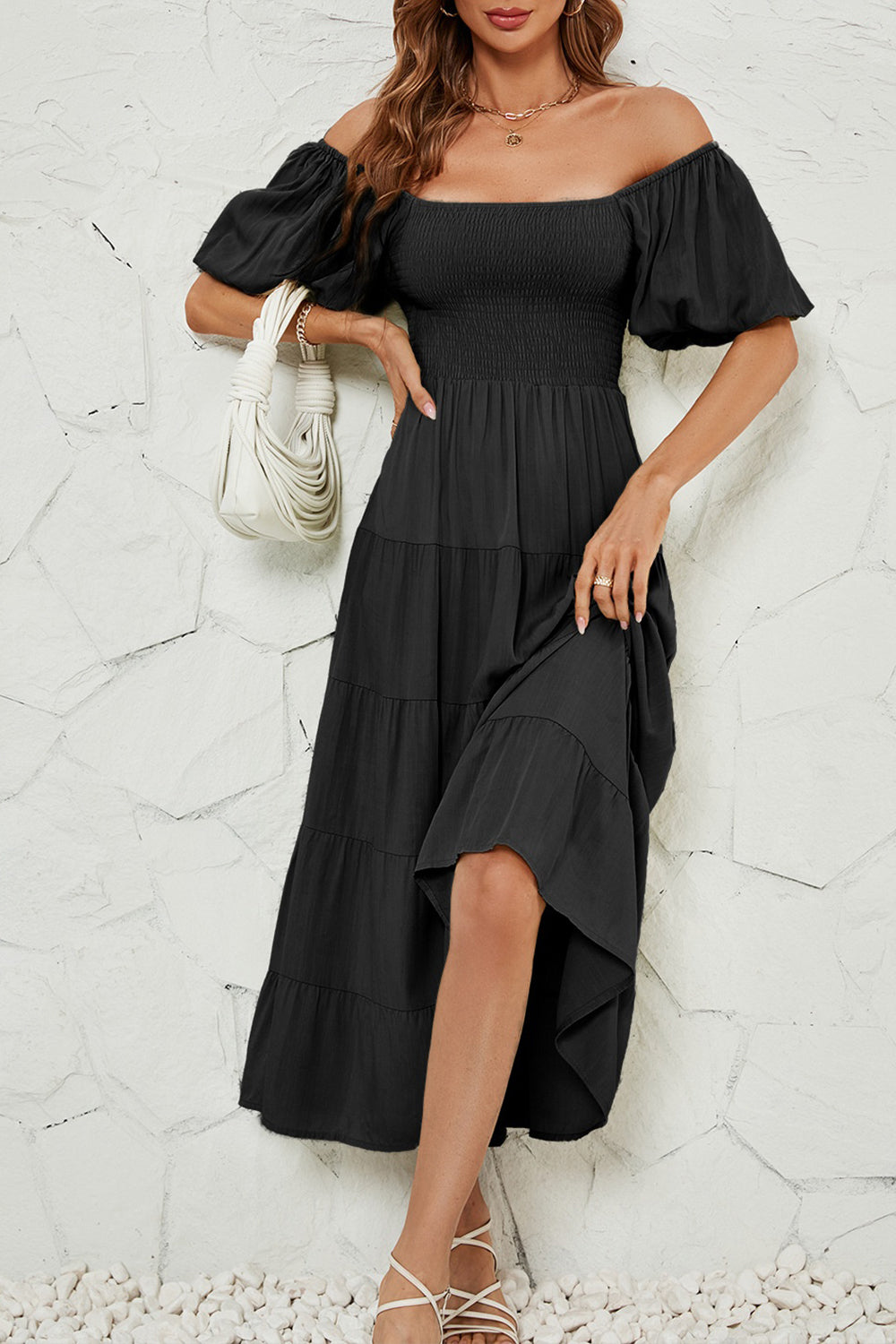 Smocked Square Neck Puff Sleeve Dress - AllIn Computer