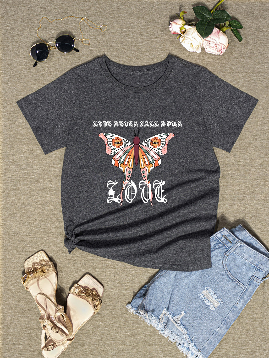 Butterfly Round Neck Short Sleeve T-Shirt - AllIn Computer