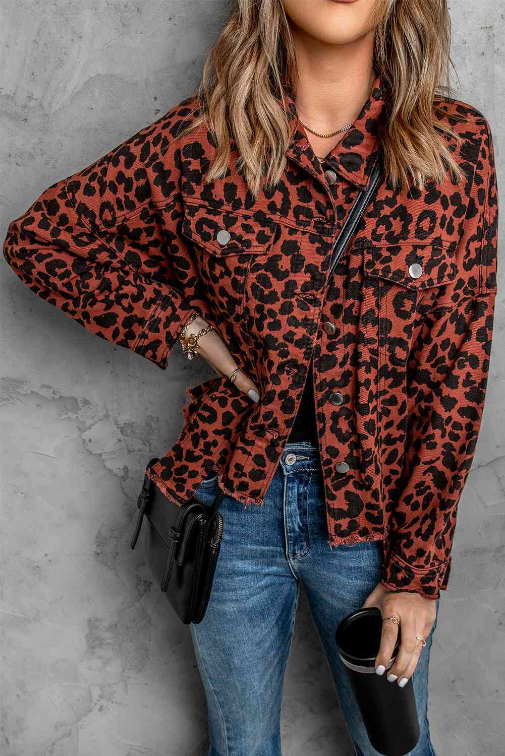 Double Take Leopard Print Raw Hem Jacket | CLOTHING,SHOES & ACCESSORIES | Double Take, jacket, leopard print, outerwear, raw hem, Ship From Overseas, women's outerwear | Trendsi