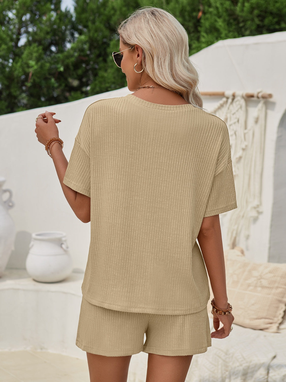 Ribbed Round Neck Top and Shorts Set - AllIn Computer