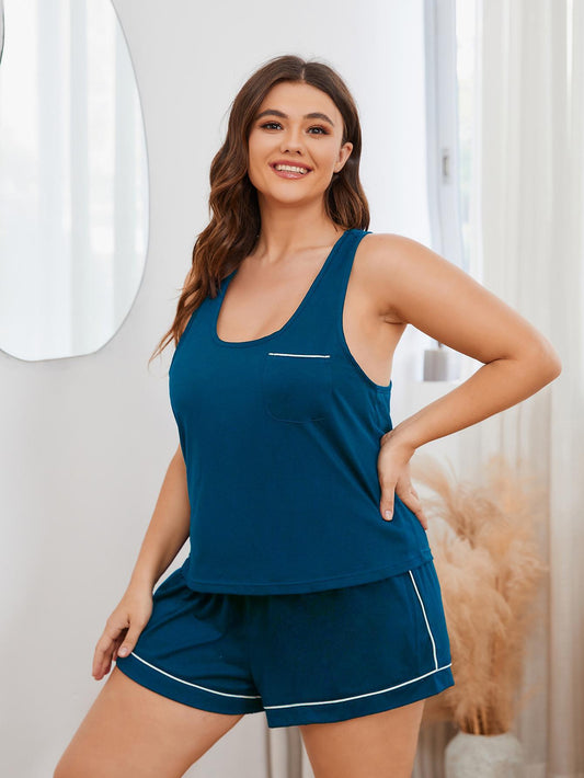 Plus Size Contrast Piping Racerback Tank and Shorts Lounge Set - AllIn Computer