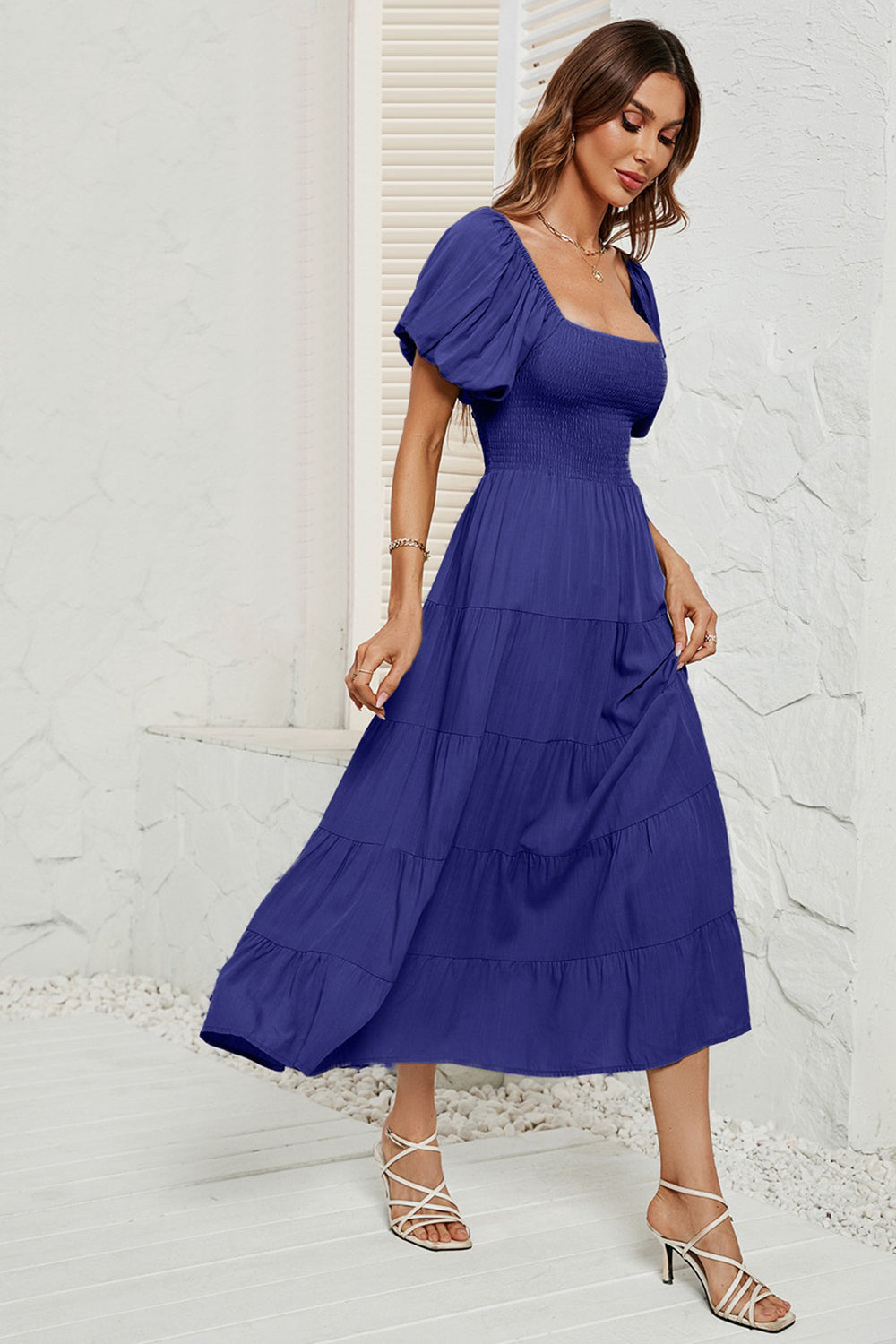 Smocked Square Neck Puff Sleeve Dress - AllIn Computer