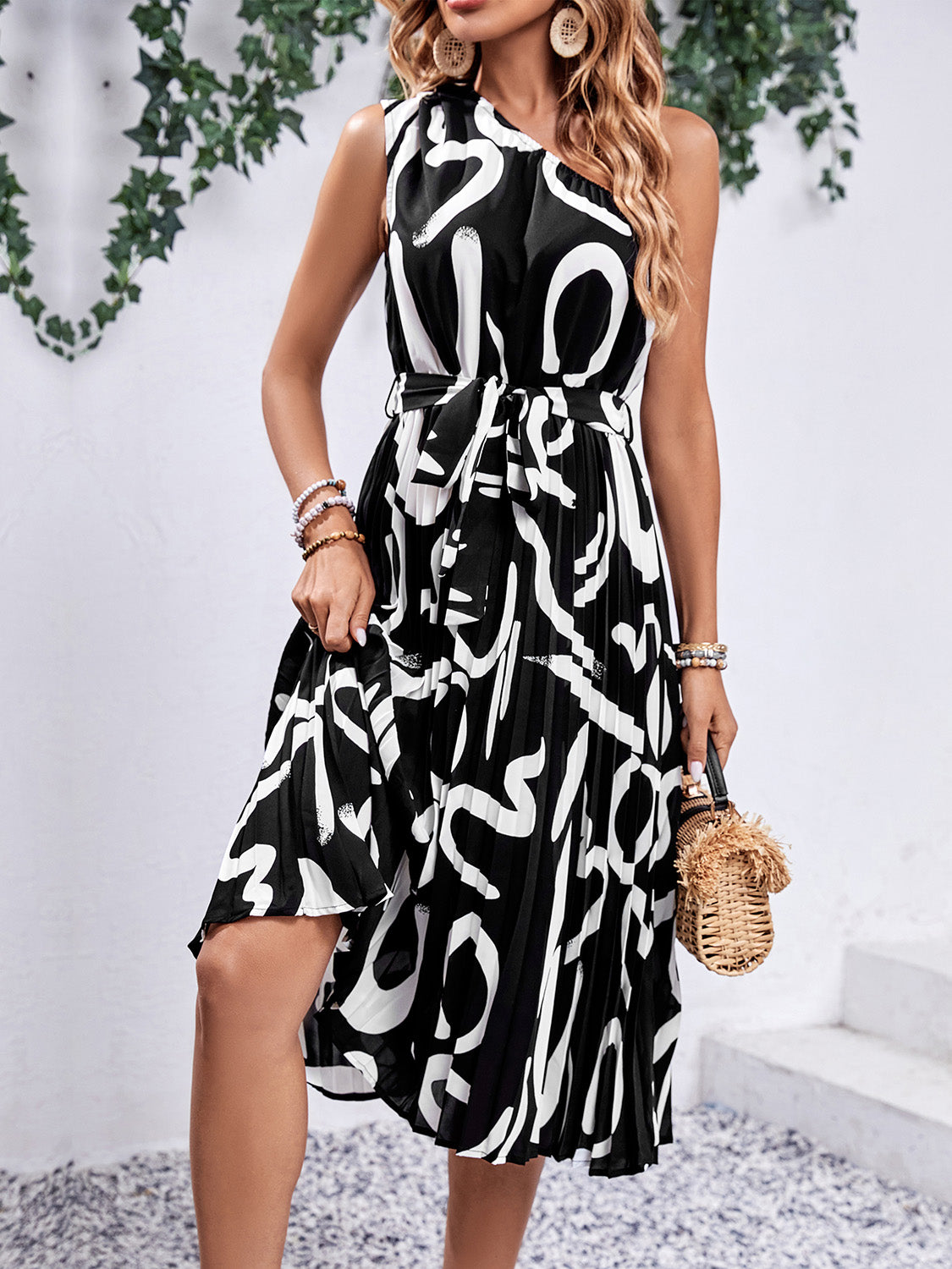 Printed Single Shoulder Tie Waist Dress - AllIn Computer