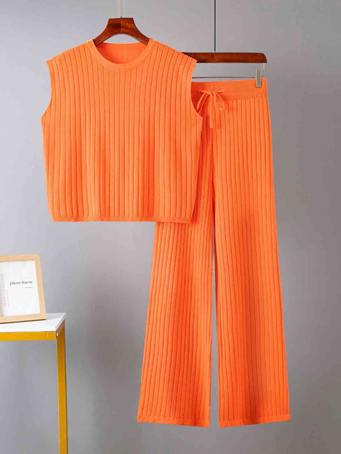 Ribbed Sweater Vest and Drawstring Knit Pants Set - AllIn Computer