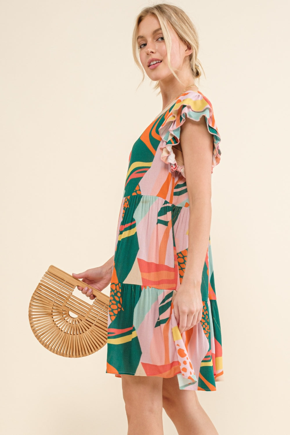 And The Why Printed Double Ruffle Sleeve Dress - AllIn Computer