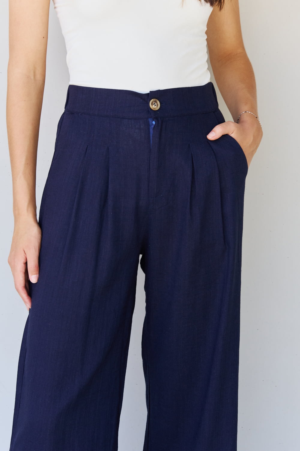 And The Why In The Mix Full Size Pleated Detail Linen Pants in Dark Navy - AllIn Computer