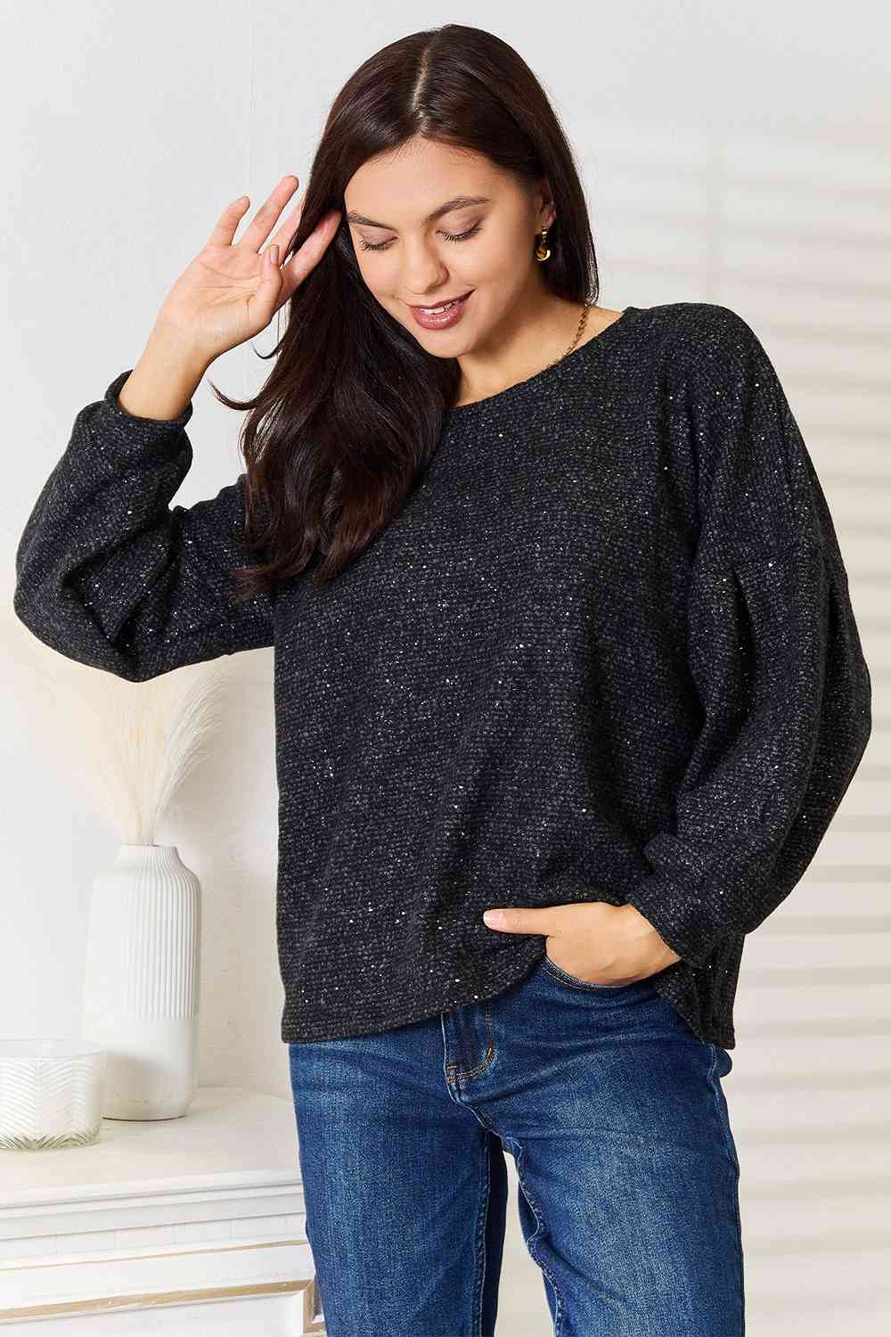 Jade By Jane Full Size Boat Neck Glitter Long Sleeve Top - AllIn Computer