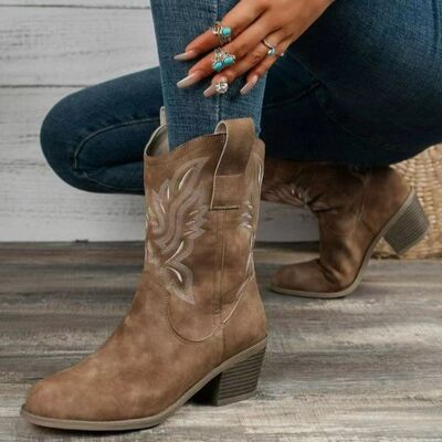 Embroidered Point Toe Block Heel Boots - AllIn Computer
